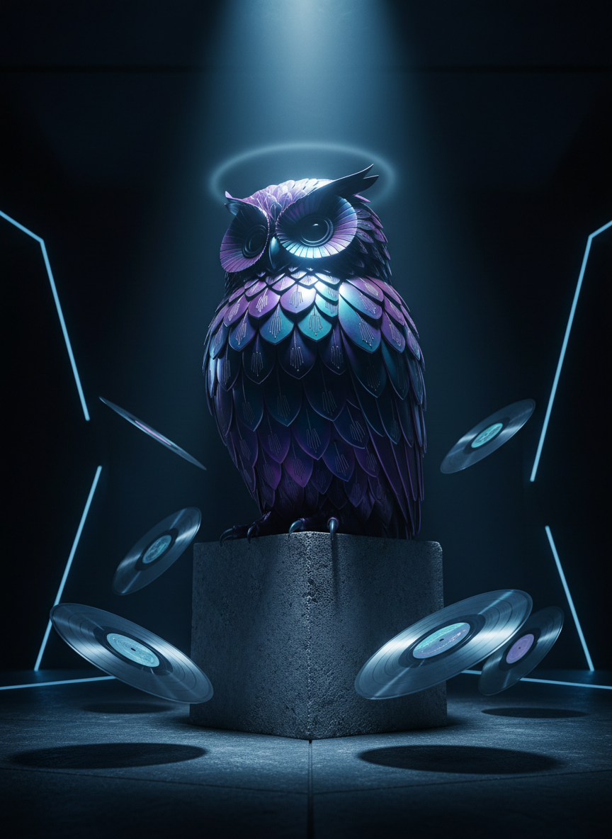 An iridescent chrome owl-shaped speaker perched on a concrete pedestal in the center of a dim, acoustically treated studio. Its feather-like plates subtly shift from violet to teal, each etched with tiny geometric patterns resembling sound waves. Around it, scattered on the floor, transparent vinyl records hover just above the surface, frozen mid-spin. A narrow beam of cool, bluish spotlight illuminates the owl from above, creating a radiant halo and dramatic radial shadows. The far walls dissolve into darkness with only faint LED strips tracing angular lines. Photographic realism from a low-angle perspective, with strong contrast and crisp focus, delivers a bold, otherworldly tribute to Lechuda’s curious mind in sound.