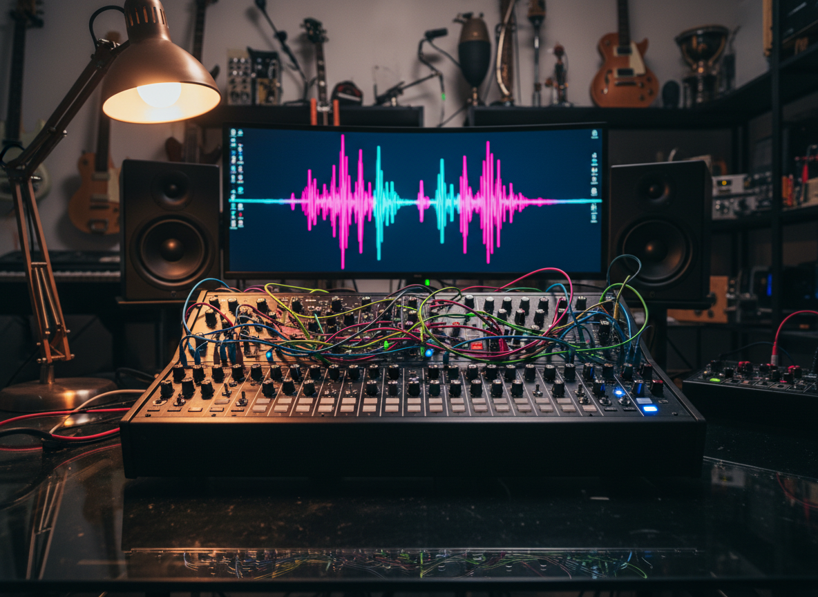 A sleek, matte-black modular synthesizer sprawled across a reflective glass desk, its colorful patch cables forming intricate, tangled patterns like a neon spiderweb. Behind it, towering studio monitors and a glowing ultra-wide screen display an abstract waveform in electric magentas, cyan blues, and acid greens. Dramatic side lighting from a single warm tungsten lamp grazes the synth’s textured knobs and metallic switches, casting sharp, graphic shadows. In the blurred background, shelves of experimental instruments and odd sound-making objects hint at sonic curiosity. Photographic realism, shot at eye level with a shallow depth of field, creates a bold, immersive atmosphere that feels like stepping directly into an eccentric experimental pop laboratory.
