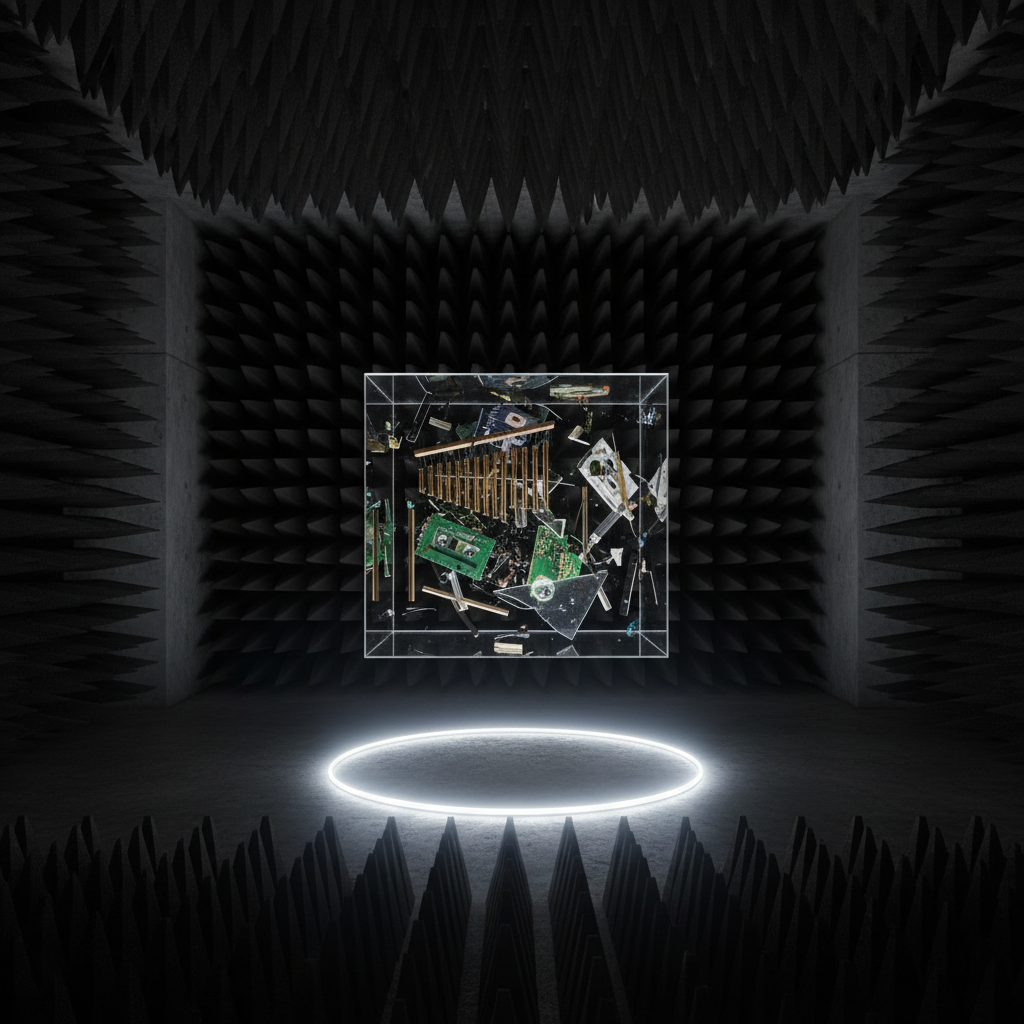 Inside a stark, concrete-walled anechoic chamber, jagged foam wedges recede into the distance like a geometric labyrinth. In the center floats a single translucent cube, filled with suspended musical objects: fragmented cassette tapes, circuit boards, metallic chimes, and shards of mirrored glass, all hovering in perfect stillness. A ring of cool white LED lights embedded in the floor projects upward, illuminating the cube and creating razor-sharp reflections on the surrounding foam. The atmosphere is tense and hyper-focused, emphasizing isolation and sonic experimentation. Photographic realism with a centered, symmetrical composition and deep depth of field makes the space feel surreal yet tangible, boldly embodying an eccentric, curious mind dissecting sound itself.