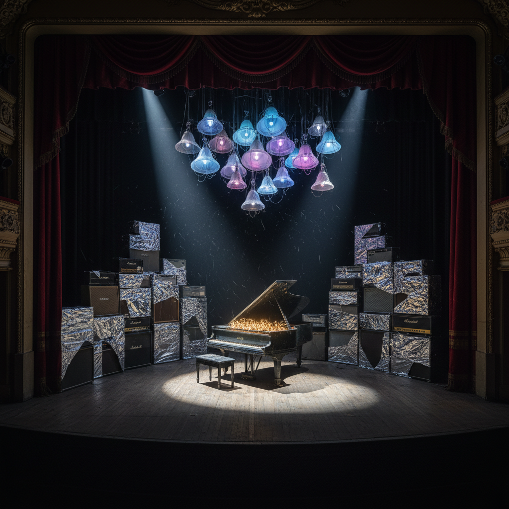 An abandoned theater stage transformed into an experimental pop shrine: towering stacks of mismatched amplifiers wrapped in metallic foil, suspended translucent speaker cones hanging like strange fruit, and a grand piano whose glossy black lid is propped open, filled with tiny glowing LED orbs. The scuffed wooden stage boards catch a sharp diagonal beam of icy white spotlight, leaving the ornate red velvet curtains in deep shadow. Fine dust hangs in the air, visible as delicate streaks in the light. Shot from a wide, slightly elevated angle in photographic realism, the scene feels bold and cinematic, capturing both decay and futuristic innovation as if sound itself is about to erupt from the silence.