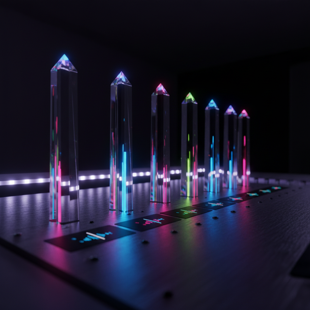 A close-up of a futuristic mixing console whose faders are replaced by slender crystal prisms refracting vivid colors—neon pink, electric blue, chartreuse—across a brushed metal surface. Tiny LED meters pulse in irregular, polyrhythmic patterns, frozen mid-flicker. The console sits in a darkened room, lit only by the refracted light and a faint, moody glow from recessed strip lights along the edge of the desk. Reflections ripple softly across the polished surface, suggesting invisible vibrations. Photographic realism with a tight, macro-style composition and shallow depth of field emphasizes texture and light play, creating an intense, bold atmosphere that visually translates experimental pop’s fractured, kaleidoscopic sound.