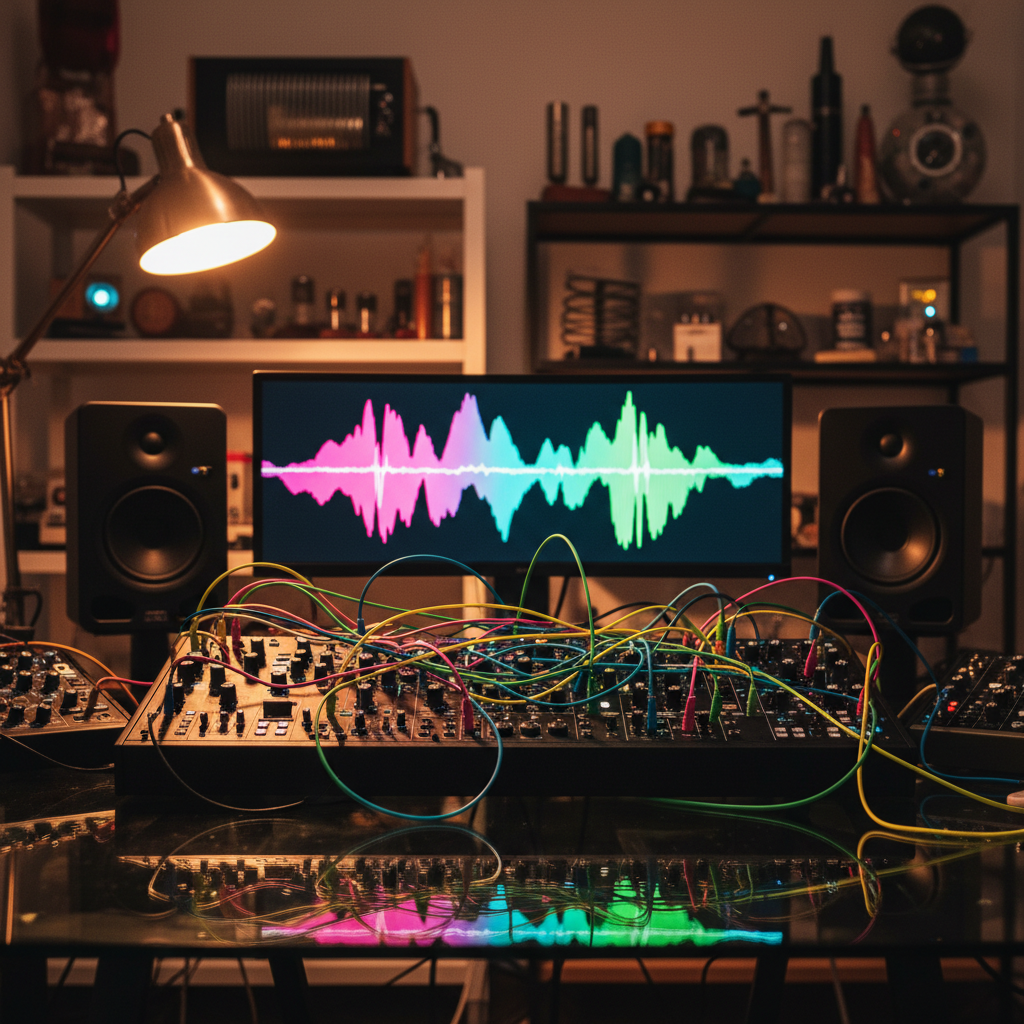 A sleek, matte-black modular synthesizer sprawled across a reflective glass desk, its colorful patch cables forming intricate, tangled patterns like a neon spiderweb. Behind it, towering studio monitors and a glowing ultra-wide screen display an abstract waveform in electric magentas, cyan blues, and acid greens. Dramatic side lighting from a single warm tungsten lamp grazes the synth’s textured knobs and metallic switches, casting sharp, graphic shadows. In the blurred background, shelves of experimental instruments and odd sound-making objects hint at sonic curiosity. Photographic realism, shot at eye level with a shallow depth of field, creates a bold, immersive atmosphere that feels like stepping directly into an eccentric experimental pop laboratory.